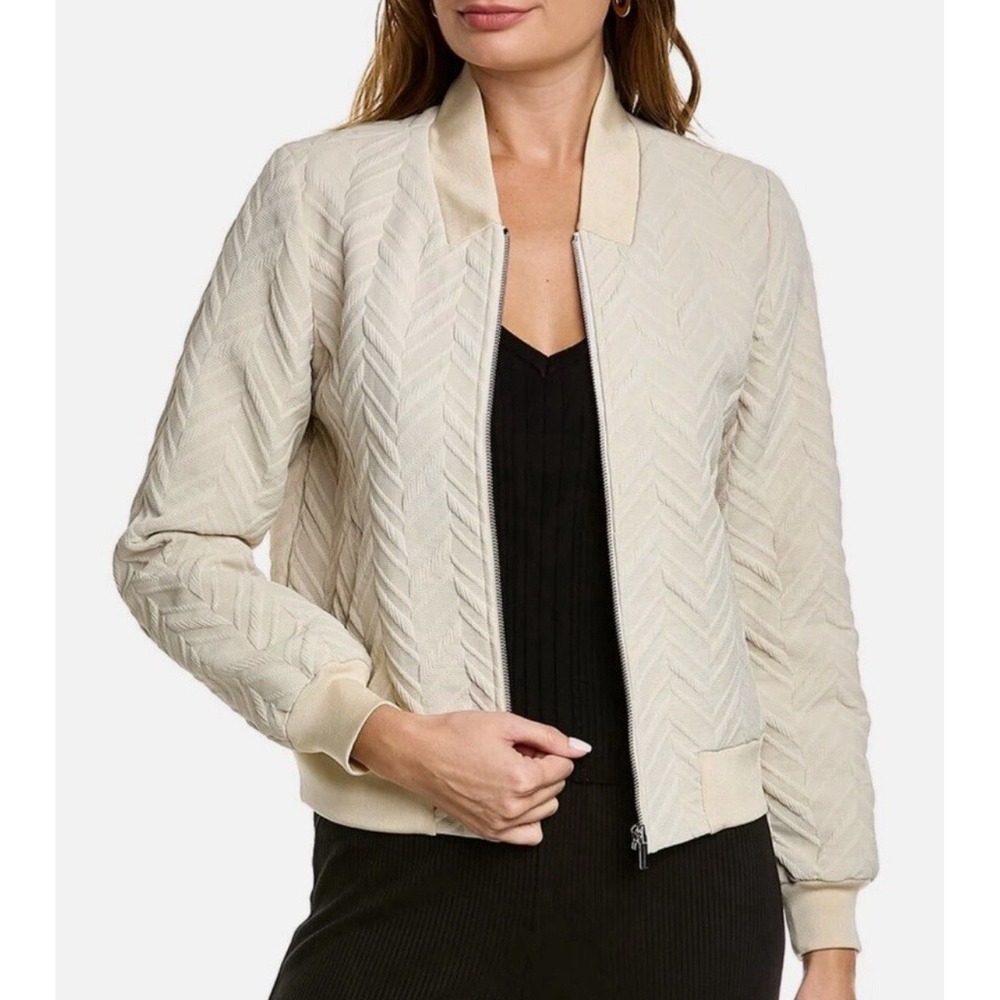 Elie Tahari Jacquard Bomber Full Zip Beige Cream Jacket Womens Small